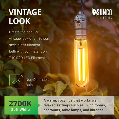 Six Pack Dusk To Dawn T10 Tubular LED Filament Bulbs, 5W 40W Equivalent, 450 Lumens, E26 Base, hanging in garden.