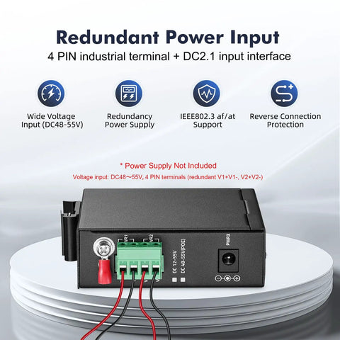 Rugged Six Port Mini Gigabit Industrial PoE Switch with redundant power input, 4 PIN terminal, and DC2.1 input interface.