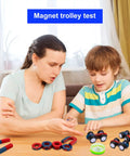 Magnetic Science Kit For Kids A Hands On Physics Lab With Bar Ring Horseshoe Compass Iron Powder Includes Fun Experiments And STEM Learning Tools For Beginners And Curious Teens with a mother and child conducting a magnet trolley test at a table.