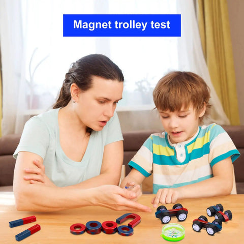 Magnetic Science Kit For Kids A Hands On Physics Lab With Bar Ring Horseshoe Compass Iron Powder Includes Fun Experiments And STEM Learning Tools For Beginners And Curious Teens with a mother and child conducting a magnet trolley test at a table.