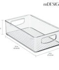 Clear Plastic Storage Organizer Bin Set 4 Pack for Home Organization showing dimensions and handle design