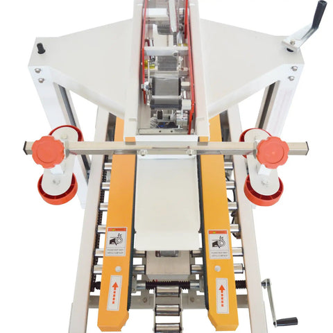 Top Shelf Automatic Tape Sealing Machine For Carton Box Packing Featuring Smooth Cranking Two Way Drive And Quick Adjust Width Dials.