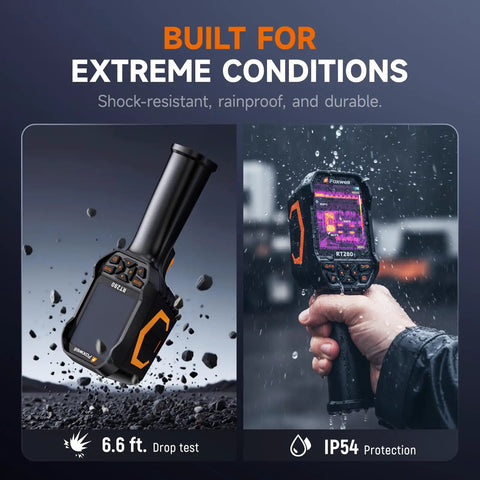 RT280 Thermal Imaging Cam With 320 By 240 LCD Screen TISR Enhanced Resolution From 120 By 90 To 240 By 180 25 Hz Handheld Infrared Cam With Laser Pointer Photo And Video Capture PC Analysis 8GB Internal Memory, shown in rugged field use demonstrating durability and shock resistance.
