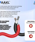10 AWG Solar Extension Cable 30 Ft For Roof PV Systems With Male And Female Connectors 30 Amp DC Wire Heavy Duty Solar Panel Cable Rated Up To 1000V Great For Home Solar Installations with flame retardant PVC material showcasing red and black wires with copper ends on blue background.