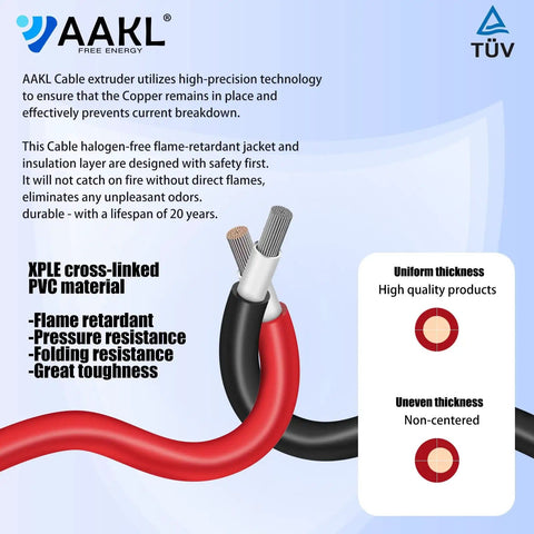 10 AWG Solar Extension Cable 30 Ft For Roof PV Systems With Male And Female Connectors 30 Amp DC Wire Heavy Duty Solar Panel Cable Rated Up To 1000V Great For Home Solar Installations with flame retardant PVC material showcasing red and black wires with copper ends on blue background.