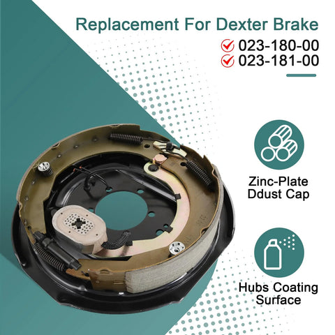 Electric trailer brake assembly, 12in x 2in, angled front view showing zinc-plated dust cap