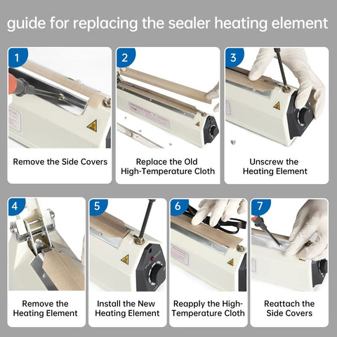 Guide showing steps to replace Impulse Sealer Heat Wire Element Strip 24 Inch Replacement Heating Wires for Sealing Machines.
