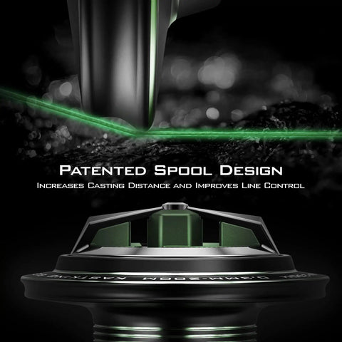 Spartacus II Spinning Reel Sealed Carbon Fiber Build 22 Lb Max Drag patented spool design close-up