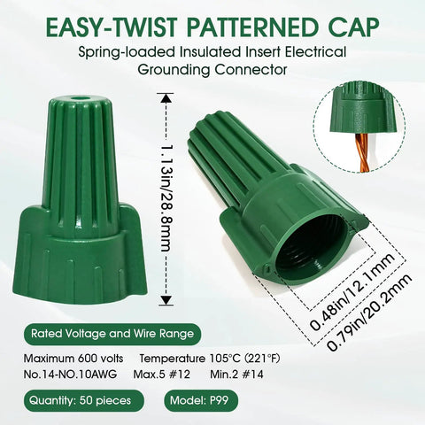 Winged Ground Wire Connector Nuts With Hole, Spring Loaded Wire Nuts For Safe Electrical Connections, high current, green, size details