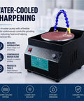 Heavy Duty Wet Dry Bench Sander And Electric Knife Sharpener With Water Cooling System showing a grinding disc and water nozzle.