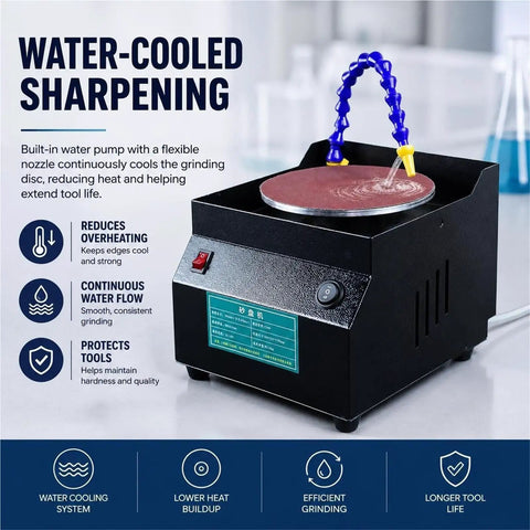Heavy Duty Wet Dry Bench Sander And Electric Knife Sharpener With Water Cooling System showing a grinding disc and water nozzle.