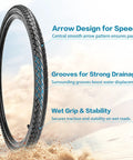 Foldable Bike Tire Set 16/20/24/26x1.75 Inch With 2 Tires, 2 Inner Tubes, Levers, Rim Strips And Repair Kit For MTB And Hybrid Commuter Rides With 32mm Schrader Valve showing arrow design, grooves, and grip features.