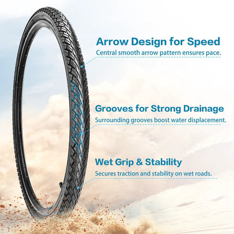 Foldable Bike Tire Set 16/20/24/26x1.75 Inch With 2 Tires, 2 Inner Tubes, Levers, Rim Strips And Repair Kit For MTB And Hybrid Commuter Rides With 32mm Schrader Valve showing arrow design, grooves, and grip features.