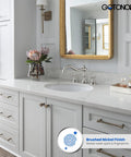 3 Hole Widespread Bathroom Faucet With Double Cross Handles on white vanity, brushed nickel finish, hot and cold handles visible.