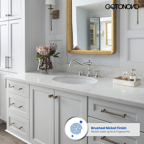 3 Hole Widespread Bathroom Faucet With Double Cross Handles on white vanity, brushed nickel finish, hot and cold handles visible.