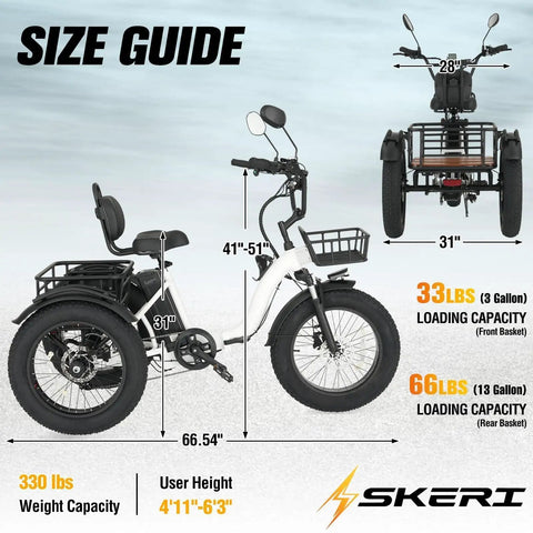 Electric Tricycle For Adults With 750W Peak 1350W Motor And Fat Tire Power 20x4 Folding E Trike 48V 13Ah Battery Three Wheel Ebike With Front And Rear Basket Differential Ultra White Up To 50 Miles In PAS Mode size guide showing white folding trike with baskets and dimensions