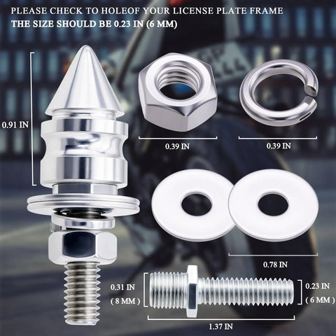 Spiked License Plate Screws Kit With Anti Theft Bolts, Stainless Steel And Aluminum Alloy, 4 pcs, dimensions display
