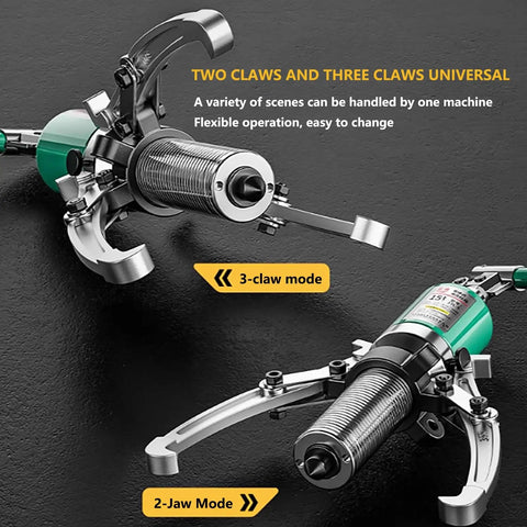 Badass 33000 Lb Hydraulic Gear Puller And Bearing Knockout Kit in 2-jaw and 3-claw modes, showcasing flexible operation features.