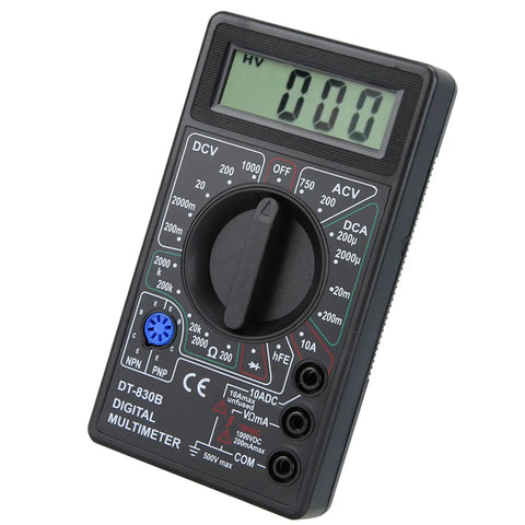DT-830B Digital Multimeter with large LCD display, detailed view showing dials and settings for labs and factories use