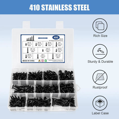 400 Piece Self Tapping Screws Set Made Of 410 Stainless Steel For Metal Wood And Plastic Size 8 And 10 Assorted in Storage Box