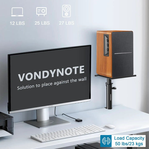 Set Of Two Dope Desktop Monitor Stands With Wall Mount Option Clamp Speaker Stands beside computer on desk setup
