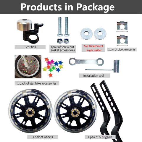 Quiet Training Wheels Kit For 12 To 20 Inch Kids Bikes, Mute Wheel System With 2 Universal Legs, 8 Screws And Nuts, 2 Star Decorations