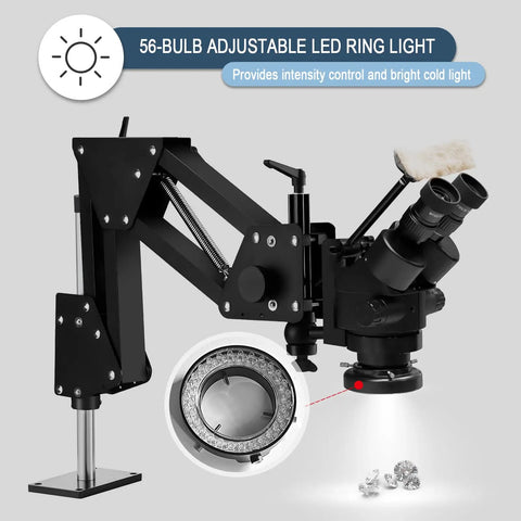 7X-45X Jewelry Stereo Microscope With LED Ring Light And 165 Mm Working Distance, Smooth Zoom For Jewelry Making, Engraving, Gem Inspection, Repair, And Fine Bench Work With 56 LED Illumination, black bench-mounted