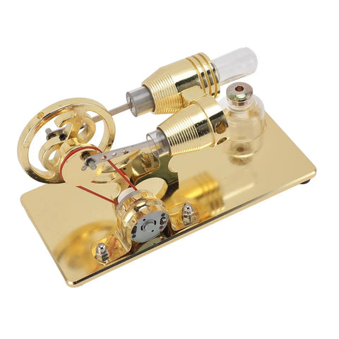 LED Powered Stirling Engine Model With Flywheel Light Up Demonstration For Science Projects Power Generator Educational Toy For Kids And Adults Aluminum Alloy Glass Gold Finish, gold flywheel and base