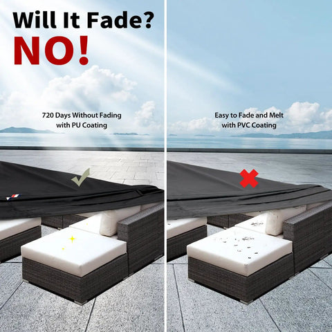 Comparison of black waterproof patio table cover with PU coating vs PVC coating for fade resistance on outdoor furniture.