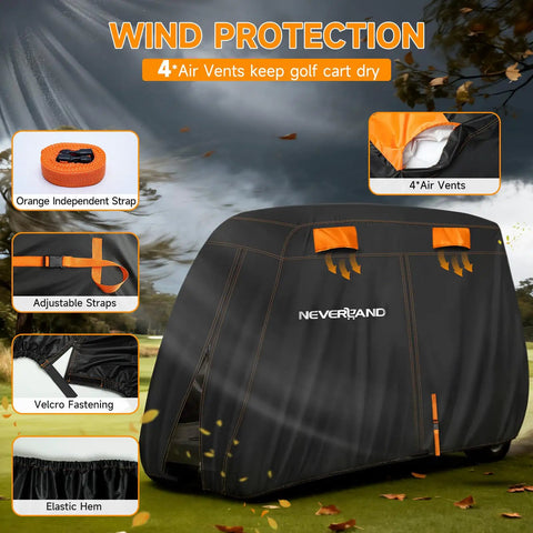 Four Passenger Golf Cart Cover Heavy Duty 420D Waterproof All Weather Protection With Zipper Doors Fits EZGO Yamaha Club Car 4 Seat Up To 115 Inches Durable Rain And Snow Resistant with orange straps and air vents for wind protection