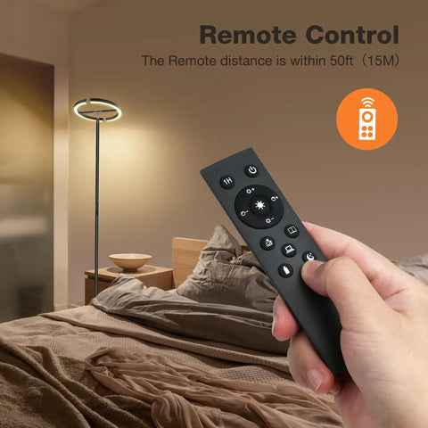Hand holding remote for Rotatable LED Floor Lamp With Touch And Remote Control, 3000K–6000K Dimmable 22W in bedroom