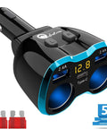 Ultimate 5 In 1 Cigarette Lighter Splitter With Usb C And Dual Usb Ports Quick Charge Car Adapter For 12V 24V Rides, showing USB ports and voltage display.