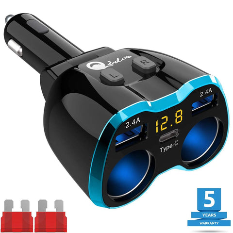Ultimate 5 In 1 Cigarette Lighter Splitter With Usb C And Dual Usb Ports Quick Charge Car Adapter For 12V 24V Rides, showing USB ports and voltage display.