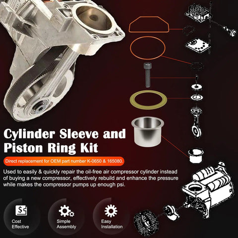 Design layout of heavy duty air compressor cylinder sleeve and compression ring replacement kit components diagram.