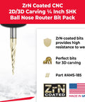 ZrN Coated CNC Router Bit shown with product specifications and features for 2D/3D carving, 1/4 inch shank, made in USA.