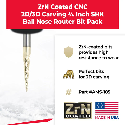 ZrN Coated CNC Router Bit shown with product specifications and features for 2D/3D carving, 1/4 inch shank, made in USA.