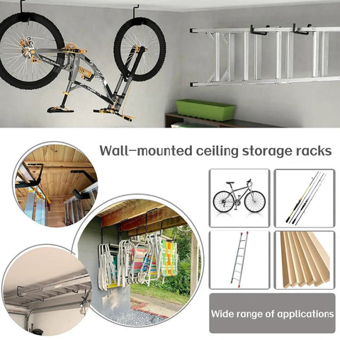 Overhead Garage Storage Rack Set Ceiling Mounted Hooks And Ladder Hangers For Ladders Lumber Tools Bikes Hoses And More Must Have Six Pack Durable Organization Solution For A Clutter Free Garage