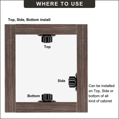 Installation diagram of 2 Pack Cabinet Latch Double Roller Catch Hardware For Cupboard And Closet Doors Black Nickel Finish with top, side, bottom positions.