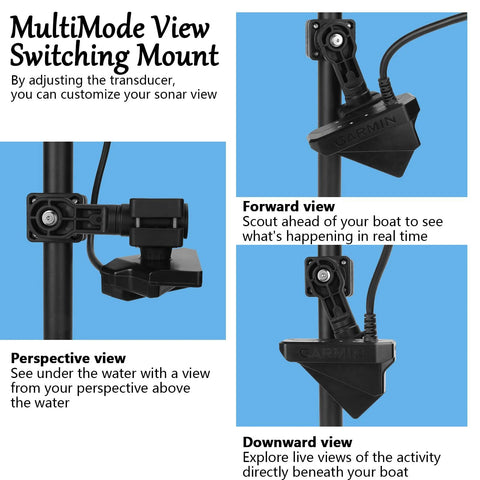 MultiMode transducer mount on motor shaft showing forward, perspective, and downward views for Zero Degree Transducer Mount For Trolling Motor Shaft Or Poles 1.1 To 1.38 Inch LVS32 Compatible MultiMode Transducer Mount With No Fuss Ratcheting Tilt For Port Or Starboard Sides And Easy Perspective Sonar Tuning.