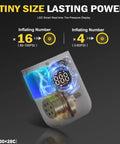 Mini Electric Bike Pump On The Go with digital display and pressure icons highlighting inflating capabilities