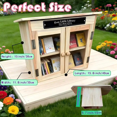 Outdoor Little Library Box With Stand And Nameplate, Weather Resistant Natural Wood Finish, Clear Doors To Keep Books Dry