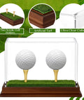 2 In 1 Golf Ball Display Case With Clear Acrylic Cube Stand, Wood Base And Turf Mat, Tee Holder, Memorabilia Box