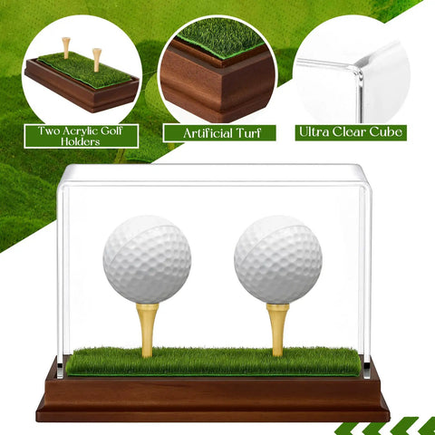 2 In 1 Golf Ball Display Case With Clear Acrylic Cube Stand, Wood Base And Turf Mat, Tee Holder, Memorabilia Box