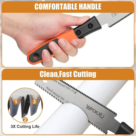 Japanese Hand Saw 6 Inch Double Edge Pull Saw With SK5 Blade 11 Or 17 TPI Soft Grip Handle demonstrating precise cutting.