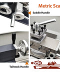 Badass Mini Metal Lathe 8 Inch Swing By 31.5 Inch Center Distance showing metric scale, saddle handle, and tailstock handle details.