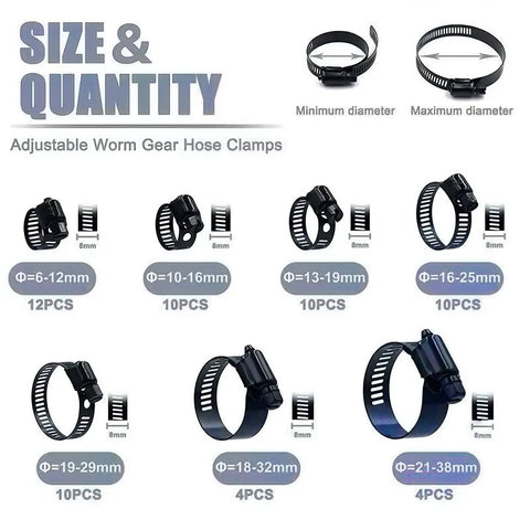 Black Stainless Steel Worm Gear Hose Clamp Set Adjustable 6 To 38mm Assortment for Plumbing Auto and Mechanical Projects