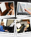 Collage of piano players using Removable Piano Keyboard Note Labels For 88 Keys Beginners No Fuss Silicone Color Coded Note Guides with Metal Music Book Clip
