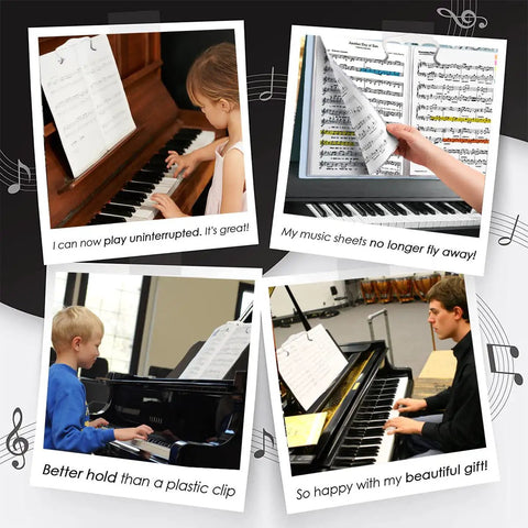 Collage of piano players using Removable Piano Keyboard Note Labels For 88 Keys Beginners No Fuss Silicone Color Coded Note Guides with Metal Music Book Clip