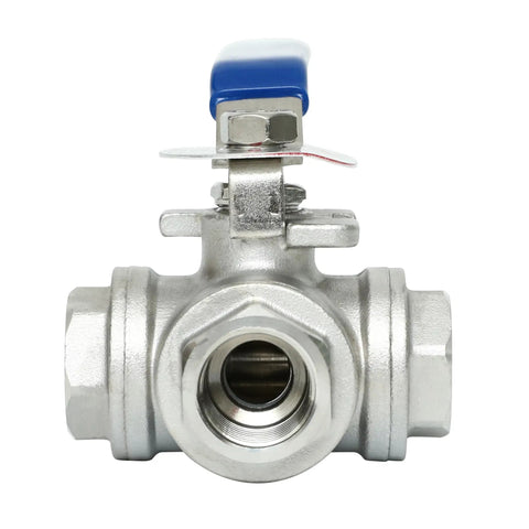 Front view of Three Eighths Inch NPT Female Port Three Way Ball Valve With L Port Stainless Steel 304 Vinyl Locking Handle Tough As Nails Built To Last L Type Bore Corrosion Resistant PTFE Stem Seal Heavy Duty Industrial Grade Valve