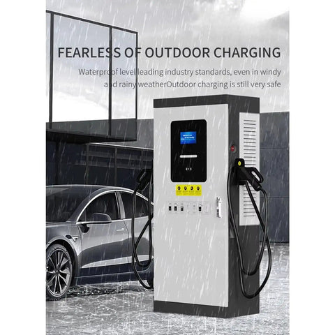 Beefy 120kW DC Fast EV Charger With Dual CCS Connectors, Multi Power Options, Level 3 Commercial Charging Station in rain